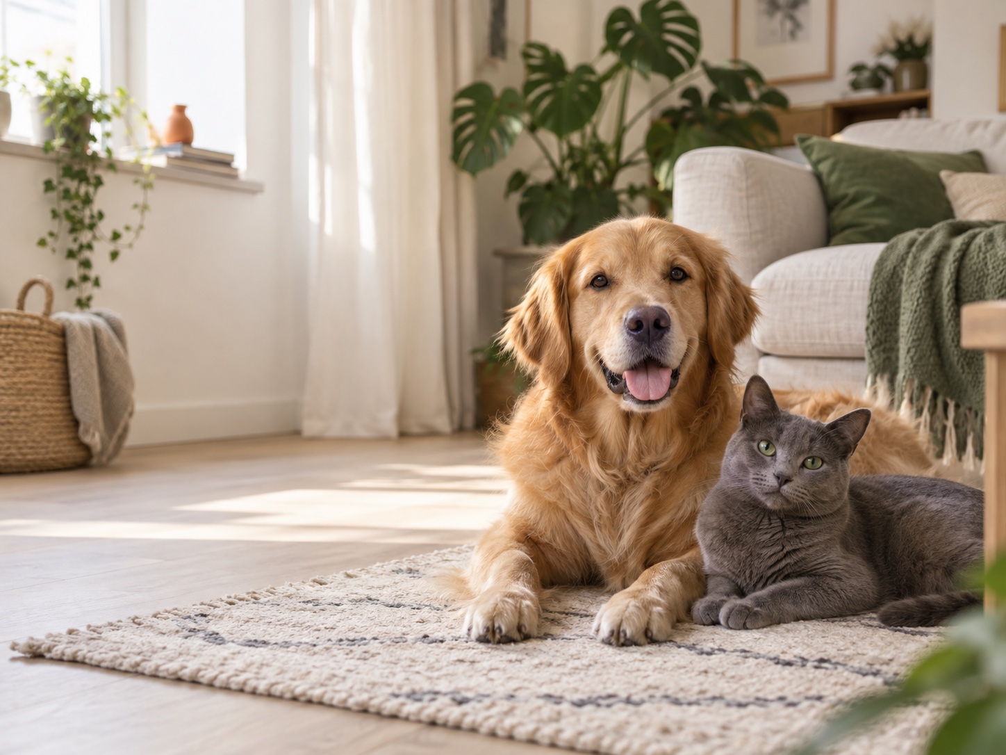 Hund und Katze entspannt in einem hellen Zuhause