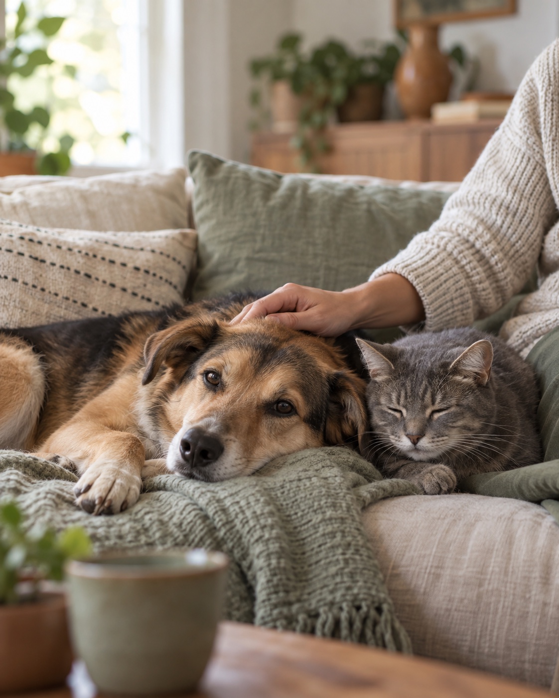 Hund und Katze werden liebevoll gestreichelt